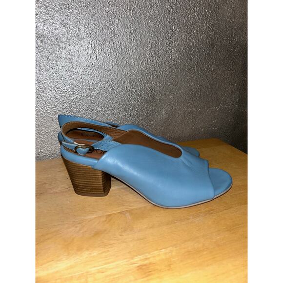 Bueno Clare Tusk Blue Leather Faux Stacked Slingback Sculpted Peep Toe Heels - Picture 2 of 9